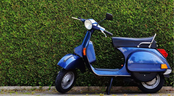 A royal blue scooter parked in front of a vibrant green hedge