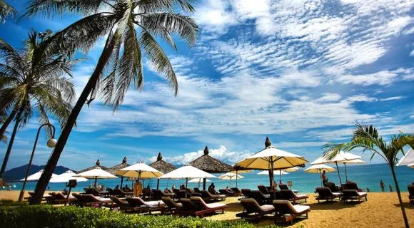 A view of sun loungers and umbrellas on a tropical beach.